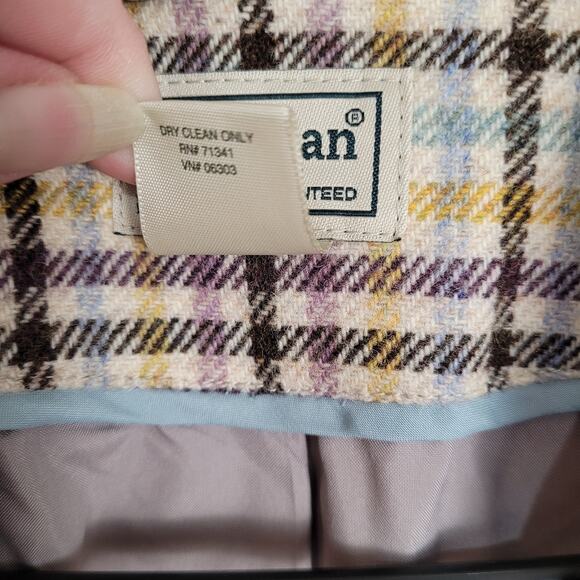 Vintage L.L. Bean wool oatmeal check plaid leather button jacket Size 18 Preppy - Picture 4 of 12